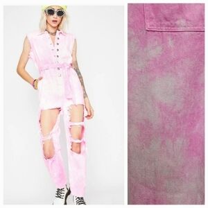 N°1 Los Angeles Pink Acid Wash Distressed Denim Jumpsuit Size S
